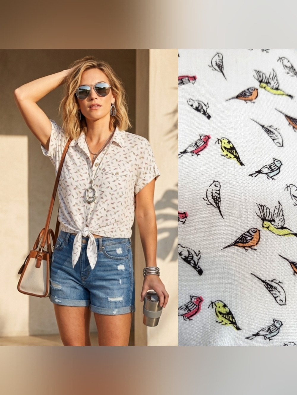 Love Notes Bird Print Tie-Front Button Down Shirt Rayon Short Sleeve Boho Chic L